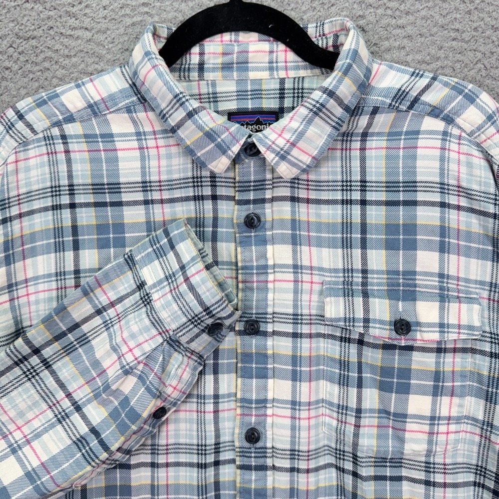 Patagonia Shirt Mens L Blue Red Plaid Fjord Flannel Button Outdoor Rugged Eco